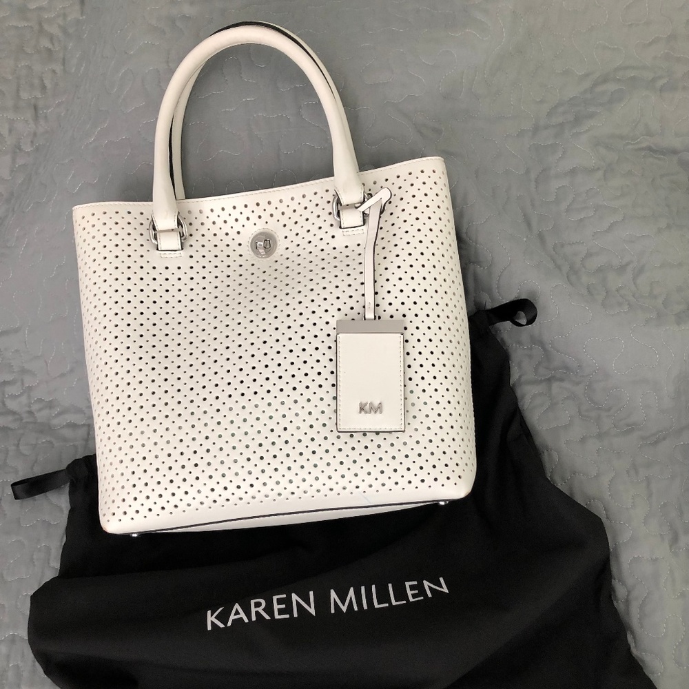 Karen Millen perforated bucket purse white